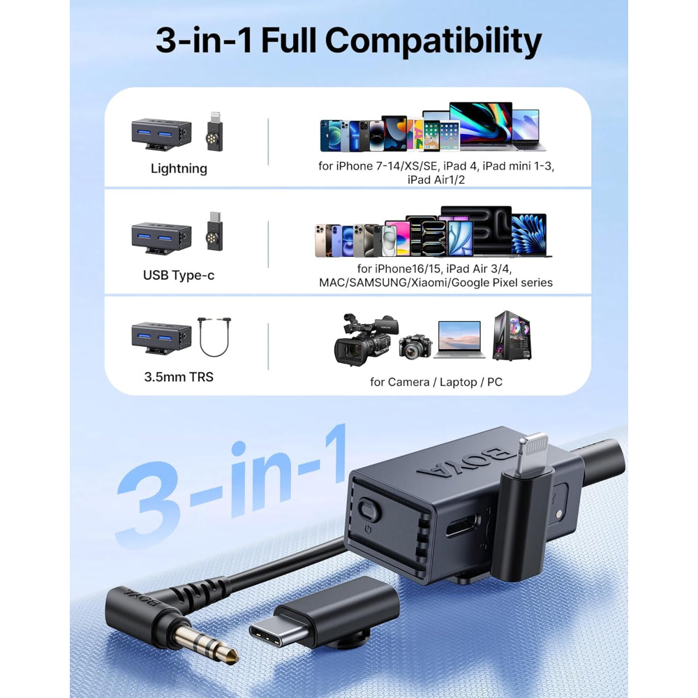 BOYA BOYALINK 3 Wireless Lavalier Microphone for iPhone/Android/Camera/PC/Tablets,AI Noise Cancellation,48kHz/24Bit Studio Sound,APP Control,984ft 30h Battery with Charging Case for Vlogging Interview