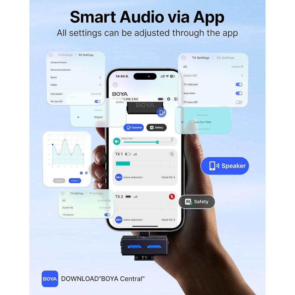 BOYA BOYALINK 3 Wireless Lavalier Microphone for iPhone/Android/Camera/PC/Tablets,AI Noise Cancellation,48kHz/24Bit Studio Sound,APP Control,984ft 30h Battery with Charging Case for Vlogging Interview