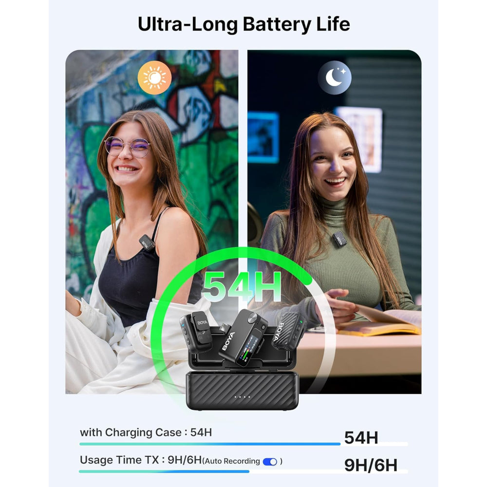 BOYA BOYAMIC 2 Wireless Microphones for iPhone 15-16/Android/PC/Camera, AI Noise Cancellation, 32-bit Float Internal Recording, AMOLED Touchscreen, 984ft 54h Battery with Charging Case(with Clip Mic)