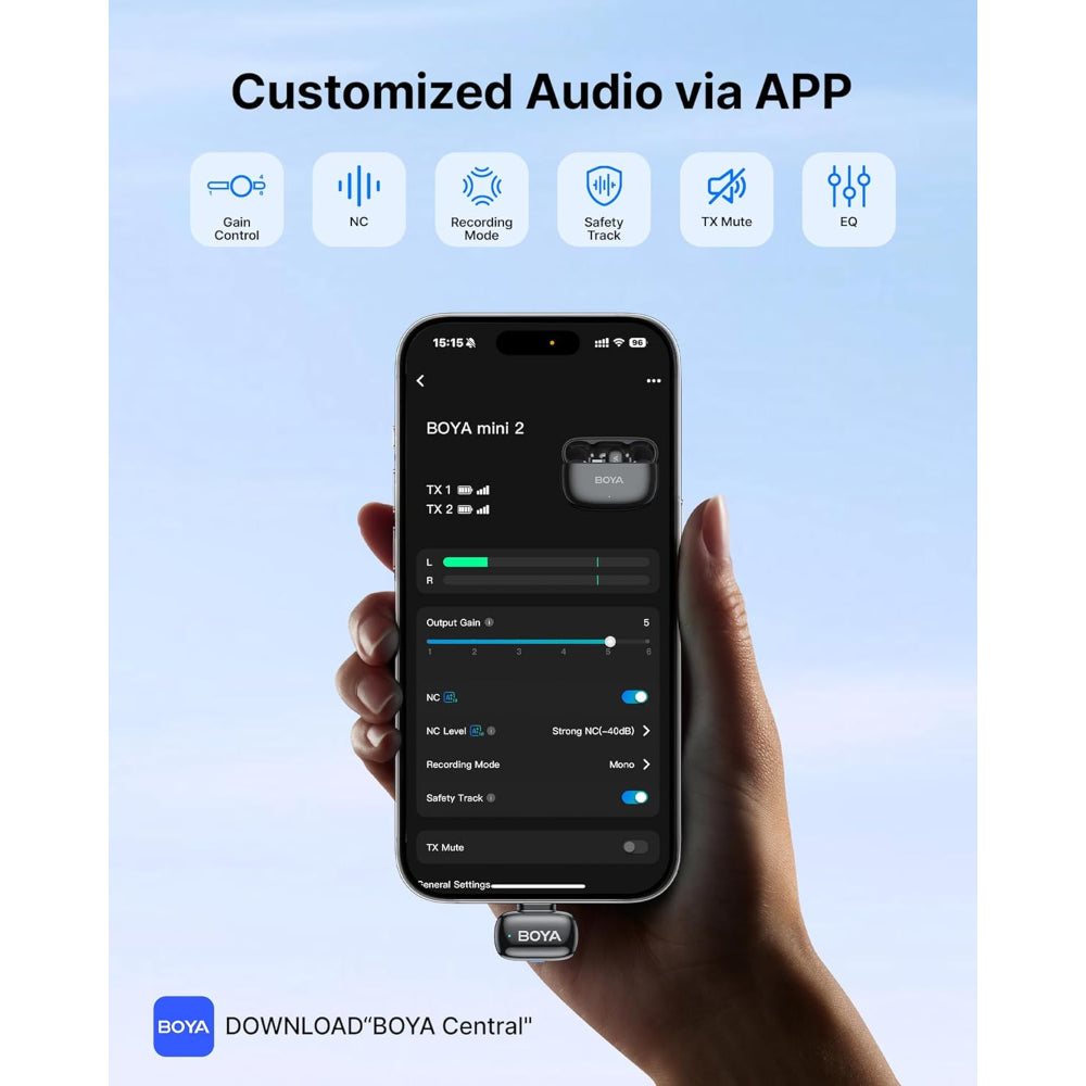 BOYA mini 2 Wireless Microphone for iPhone & Android, AI Noise Cancellation, App Control, Safety Track, 30H Battery Life with Charging Case, Lapel Microphone Wireless for Video Recording Podcast Vlog