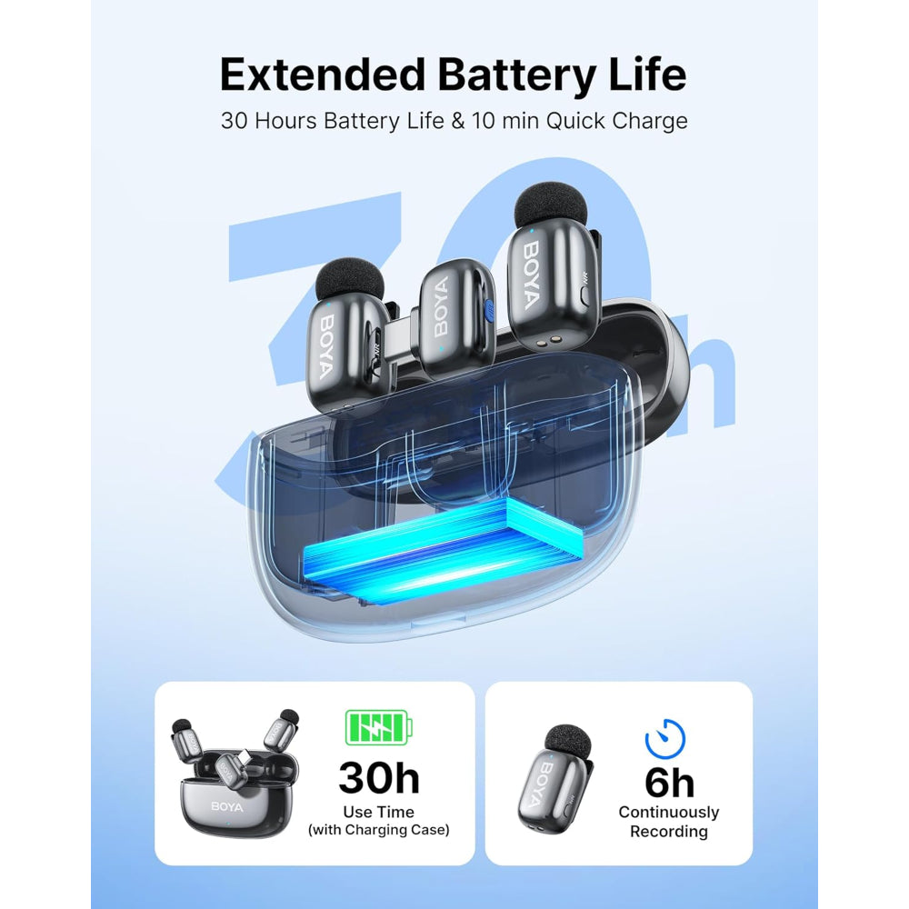 BOYA mini 2 Wireless Microphone for iPhone & Android, AI Noise Cancellation, App Control, Safety Track, 30H Battery Life with Charging Case, Lapel Microphone Wireless for Video Recording Podcast Vlog