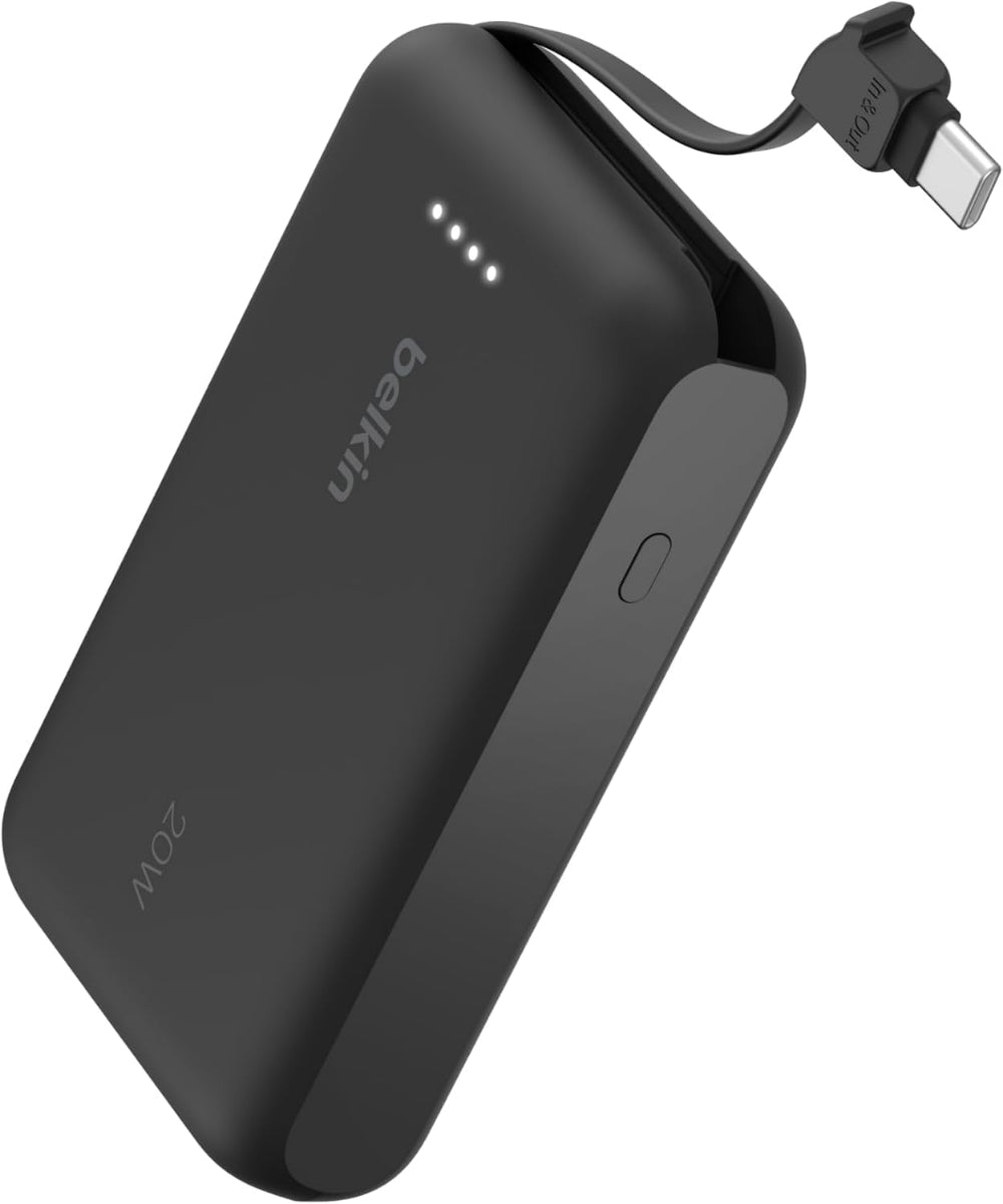 BELKIN BoostCharge Power Bank 10K with Integrated USB-C Cable| Portable Dual Fast Charger, Smart Protect, 1x USB-C port, for iPhone 16/15, iPads, Airpods, Galaxy SA25/24, USB-C Devices- Black