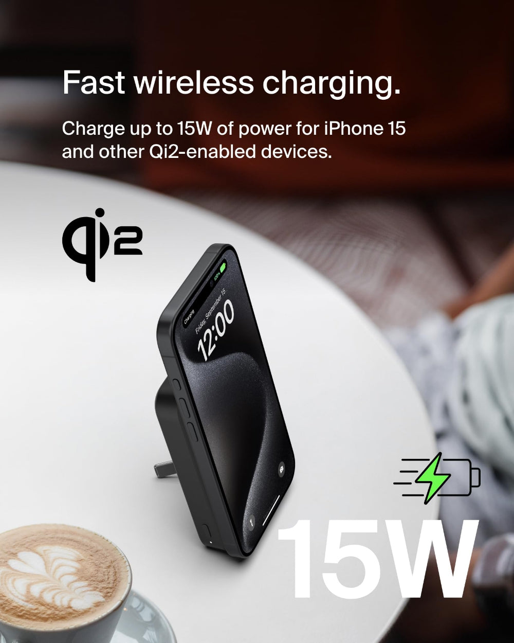بنك طاقة بيلكين لاسلكي بتقنية Qi2 بدقة 8K مع حامل قابل للطي، لون أسود