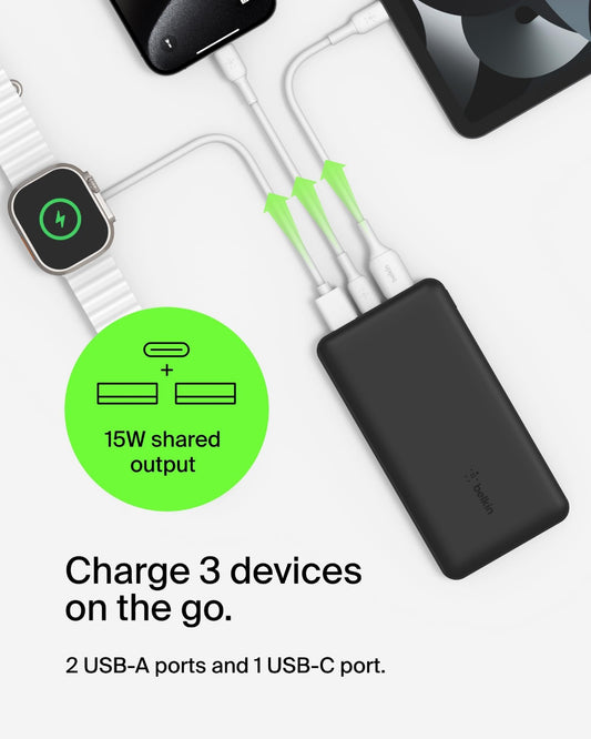 Belkin BoostCharge Power Bank 10K mAh - 15W Quick Charge 2xUSB-C, 2xUSB-A ports for Apple iPhone 12/11 Pro Max/12/11 Pro/12 Mini/12/11/XR/XS/X Max/8/8 Plus iPad Pro/iPad Mini - Black