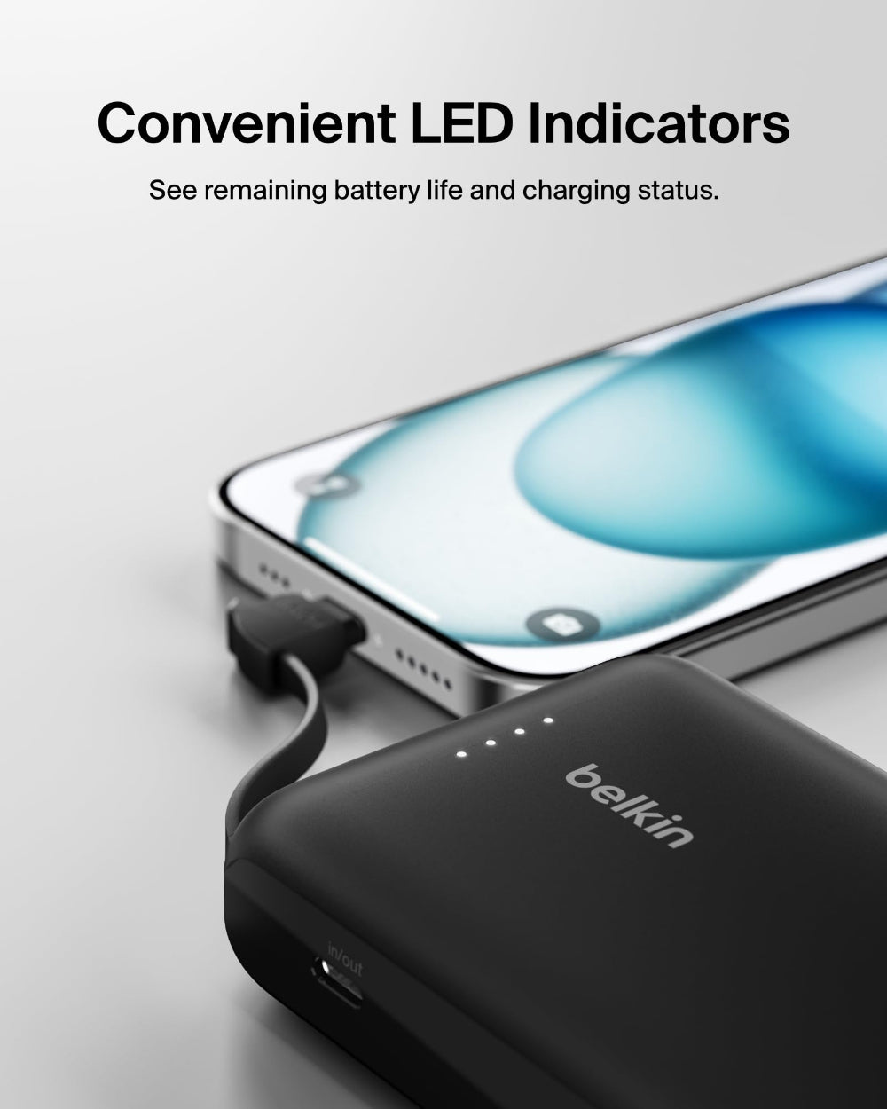 BELKIN BoostCharge Power Bank 10K with Integrated USB-C Cable| Portable Dual Fast Charger, Smart Protect, 1x USB-C port, for iPhone 16/15, iPads, Airpods, Galaxy SA25/24, USB-C Devices- Black