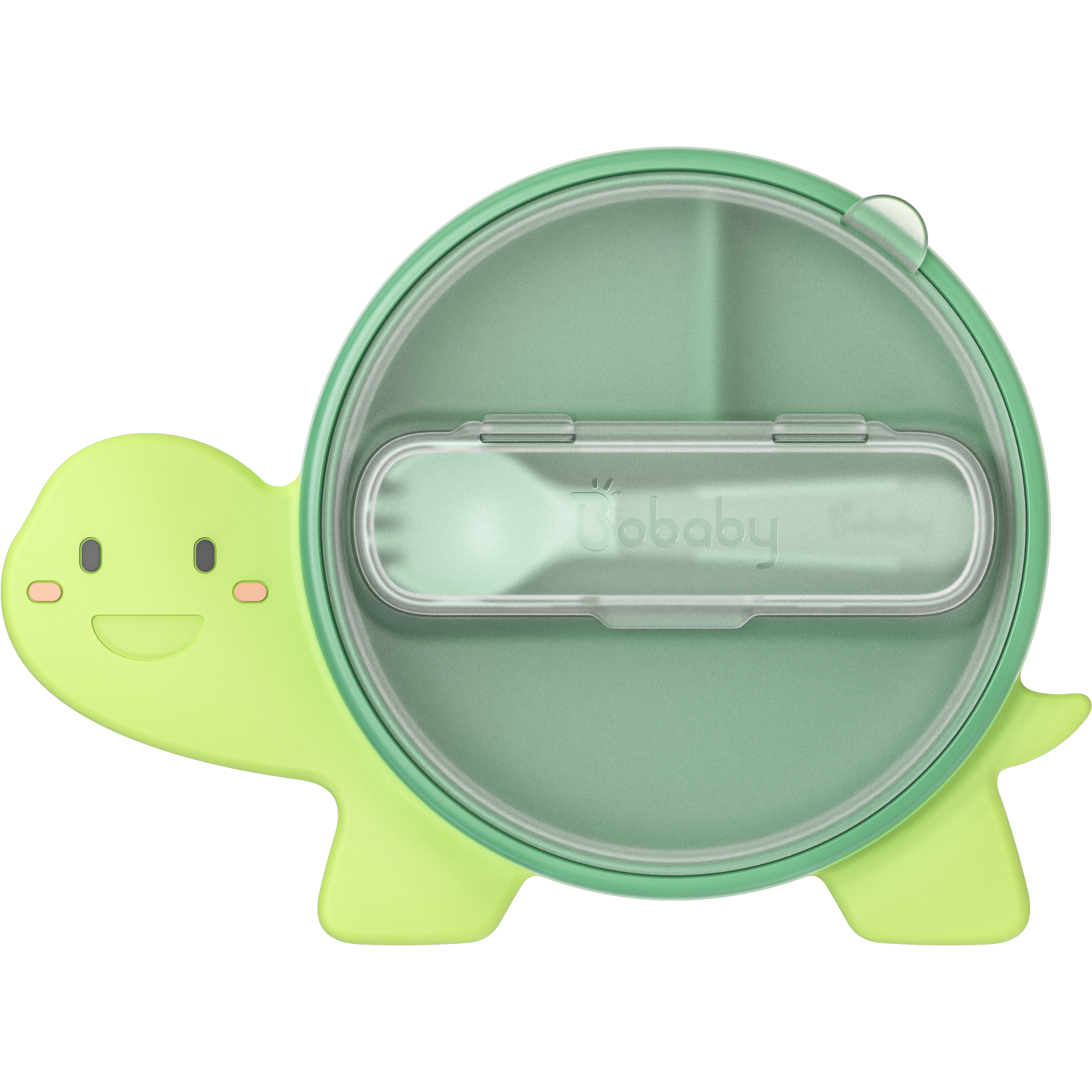 BoBaby Meal Buddies Turtle green 3-compartment silicone suction plate with spork