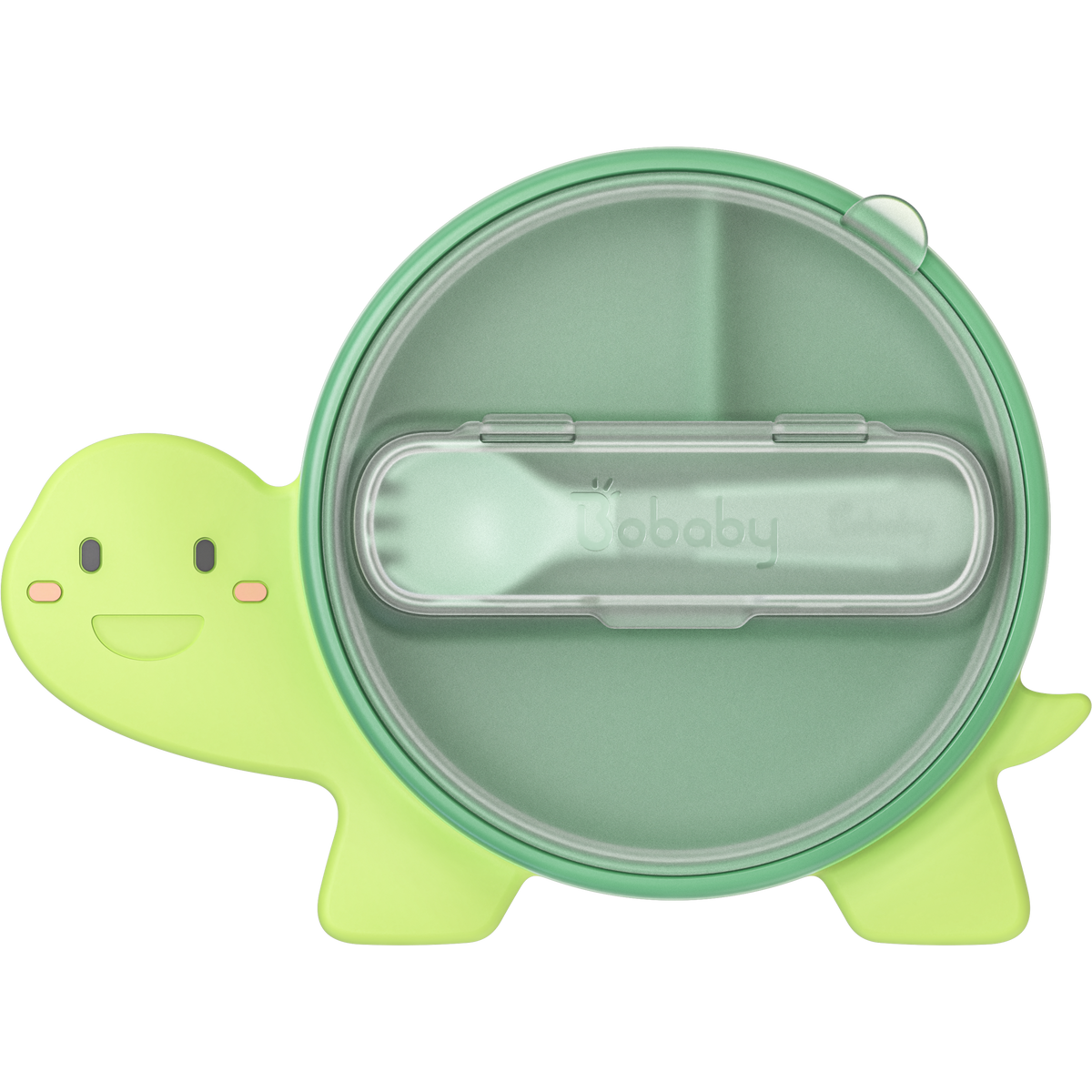 BoBaby Meal Buddies Turtle green 3-compartment silicone suction plate with spork