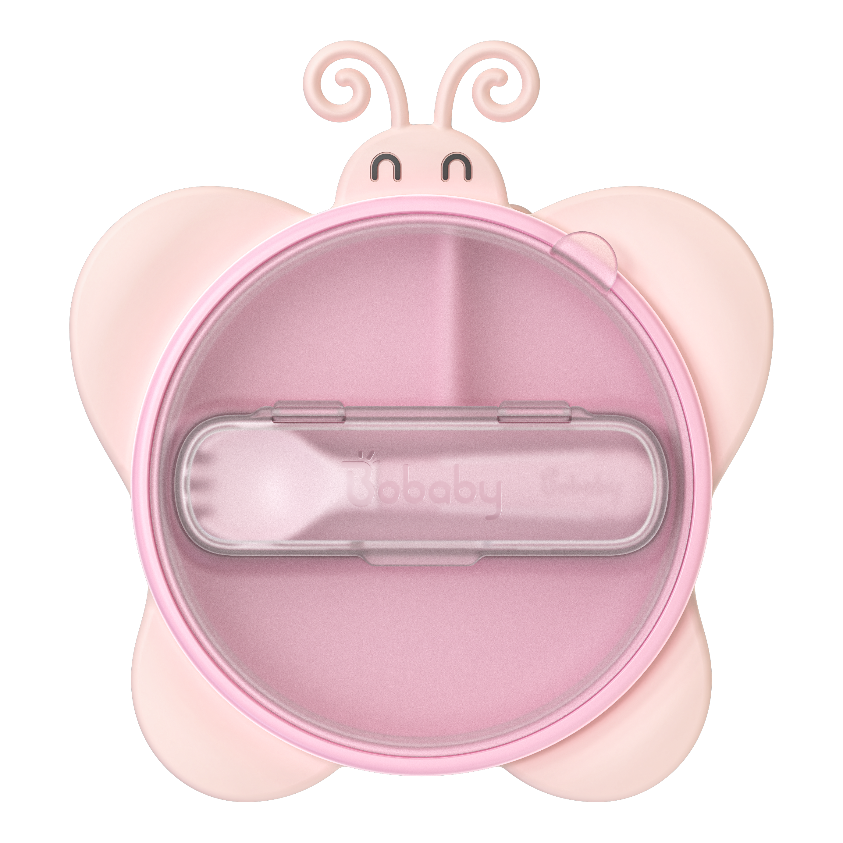 BoBaby Meal Buddies Butterfly pink 3-compartment silicone suction plate with spork