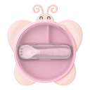 BoBaby Meal Buddies Butterfly pink 3-compartment silicone suction plate with spork