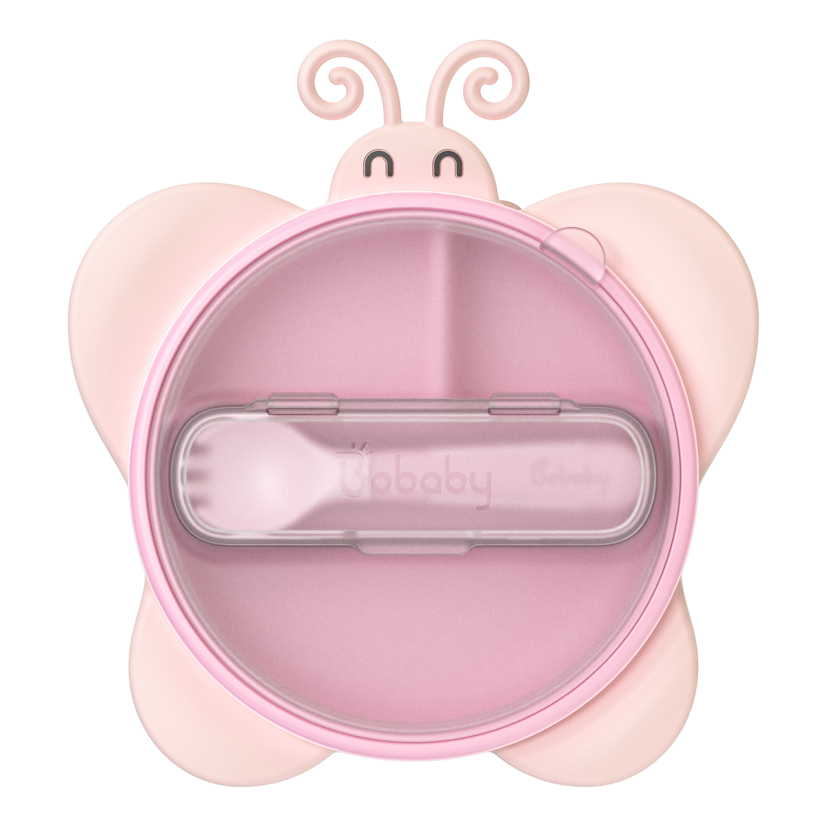 BoBaby Meal Buddies Butterfly pink 3-compartment silicone suction plate with spork