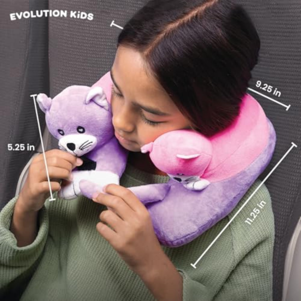 Cabeau Evolution Kid's Travel Pillow - Innovative Chin Strap & Head Support, Stops Head Movement, Super Soft & Fun Children Pillow Design for Comfortable Journeys, Washable - Kittens