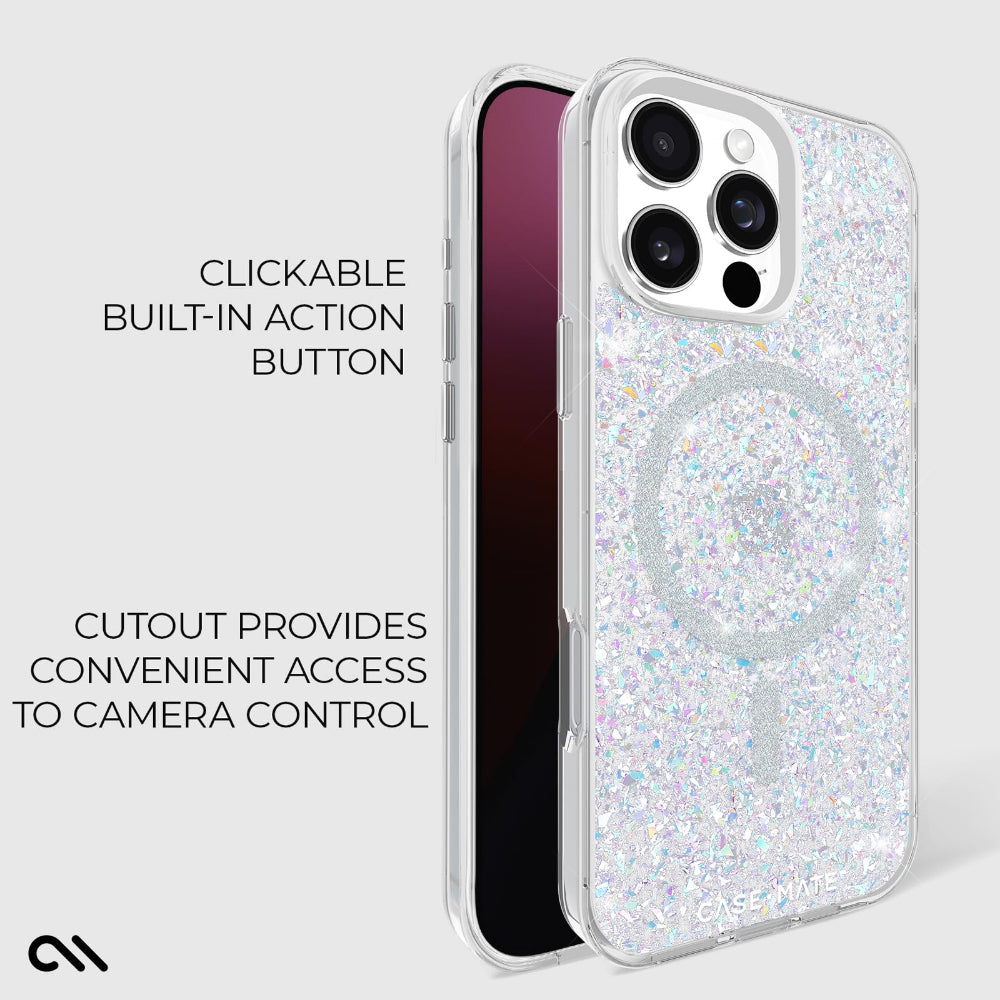 Case-mate Twinkle Case w/ Magsafe for Apple iPhone 16 Pro Max 6.9" 2024| 12-Ft Drop Protection w/ Anti-Scratch Anti Yellowing Coating, Raised Edges, Fashion Case, Wireless Charging - Silver
