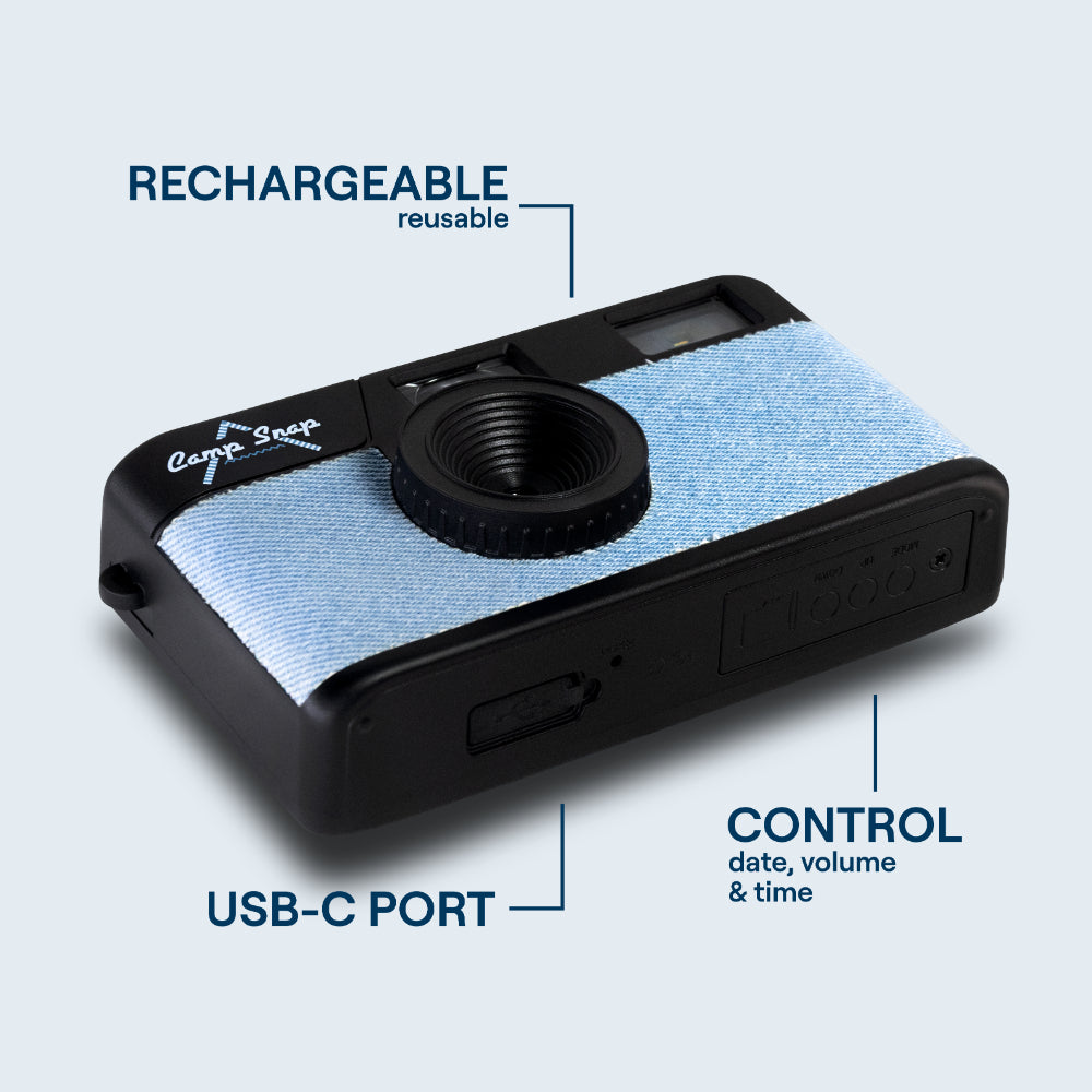 Camp Snap V105 Screen-Free Digital Camera | 8MP Point-and-Shoot Vintage Style, LED Flash, Rechargeable Battery, 500 Photos per charge, Includes 4GB Micro SD Card, for Kids and Adults, Denim