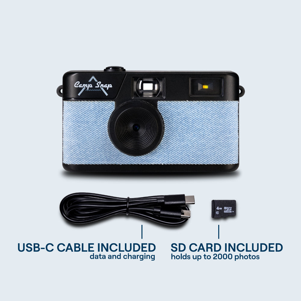 Camp Snap V105 Screen-Free Digital Camera | 8MP Point-and-Shoot Vintage Style, LED Flash, Rechargeable Battery, 500 Photos per charge, Includes 4GB Micro SD Card, for Kids and Adults, Denim