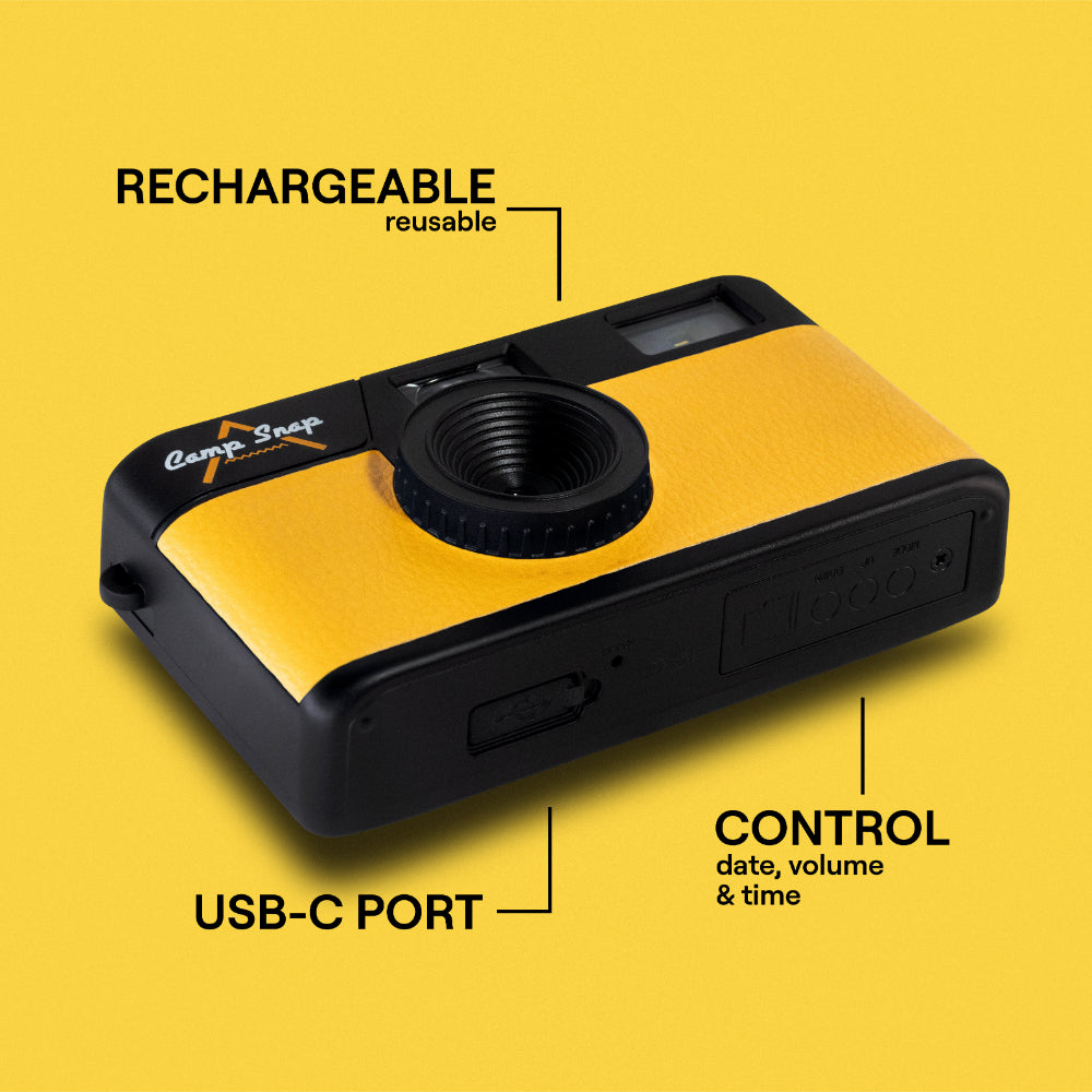 Camp Snap V105 Screen-Free Digital Camera | 8MP Point-and-Shoot Vintage Style, LED Flash, Rechargeable Battery, 500 Photos per charge, Includes 4GB Micro SD Card, for Kids and Adults, Sunbeam Yellow