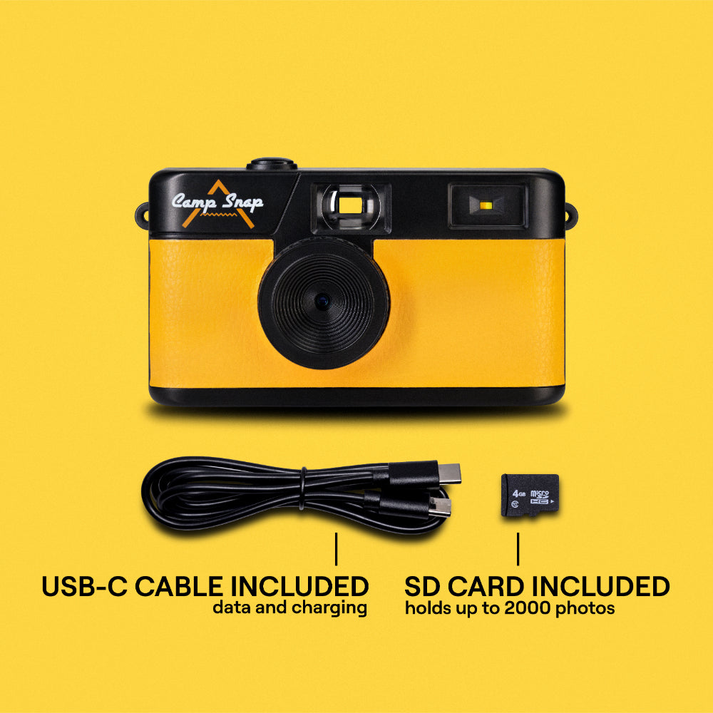 Camp Snap V105 Screen-Free Digital Camera | 8MP Point-and-Shoot Vintage Style, LED Flash, Rechargeable Battery, 500 Photos per charge, Includes 4GB Micro SD Card, for Kids and Adults, Sunbeam Yellow