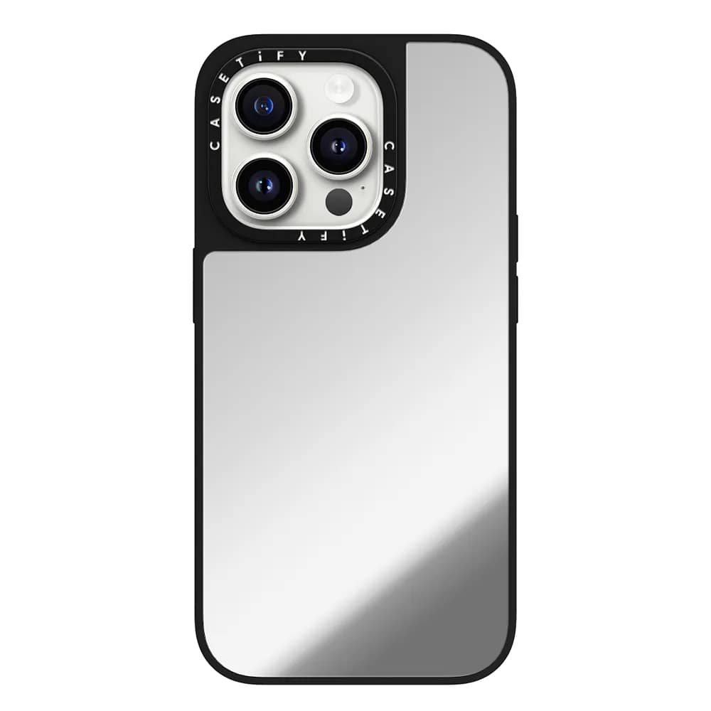 CASETIFY iPhone 15 Pro Max Material Mirror Case with MagSafe - Silver w/ Black Bumper