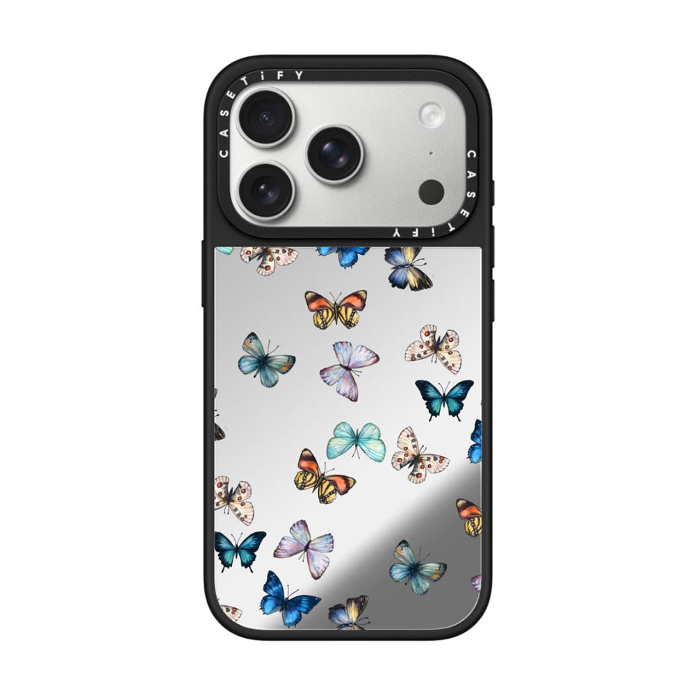 جراب CASETIFY لهاتف iPhone 17 Pro مزود بمرآة وغطاء Magsafe Noir Butterfly - فضي - أسود مع حواف سوداء