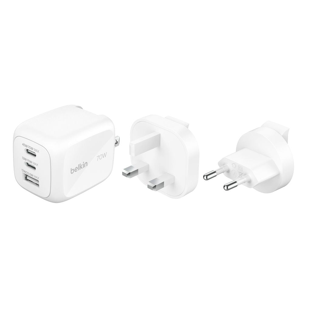 Belkin BoostCharge Pro 3-Port GaN Wall Charger 70W + Travel Adapters | PD Fast Charger, Compact Wall Charger w/ International Plugs,for iPhone, Samsung, iPad, Tablets, MacBook and USB-C Devices