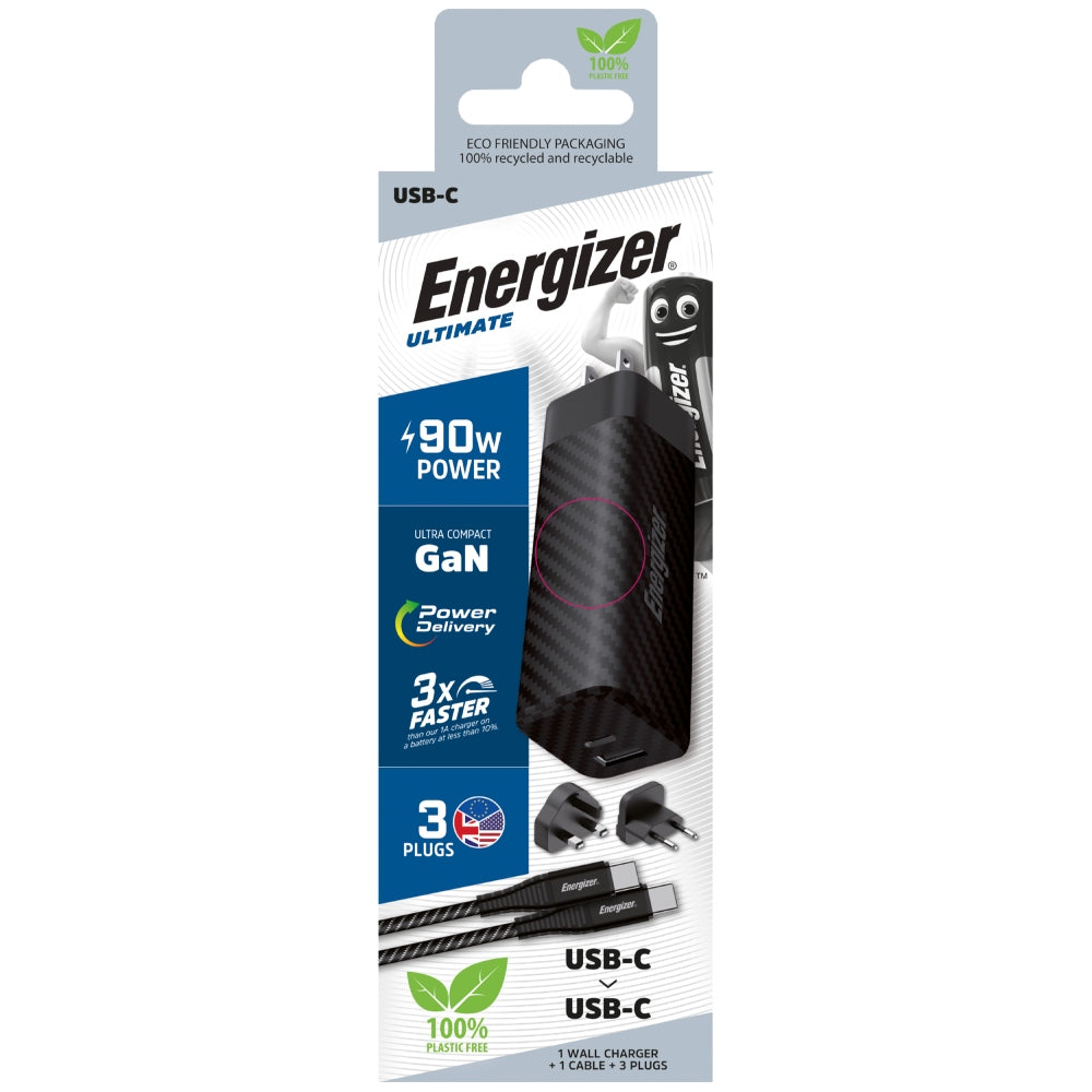 ENERGIZER Wall Charger PD Multi Plug 90W with USB-C Cable - Black