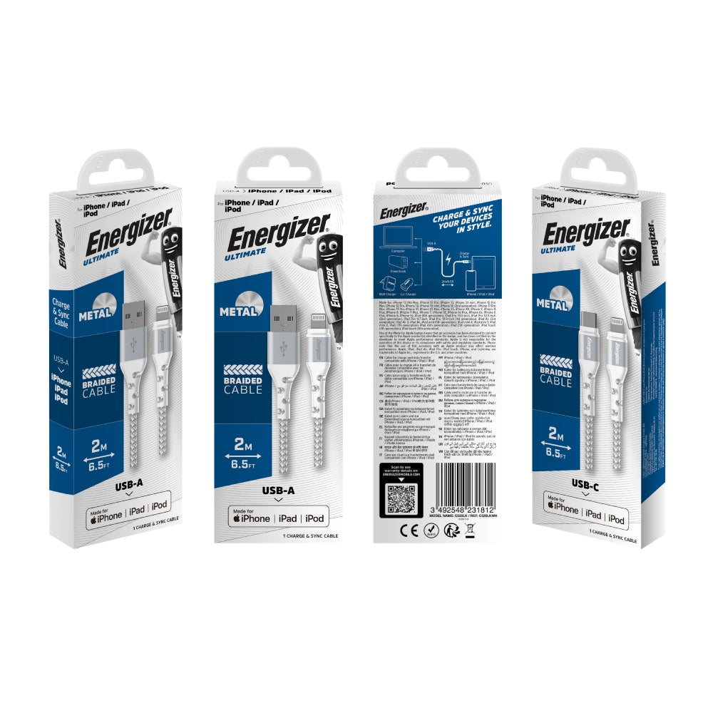 ENERGIZER Cable USB-A to Lightning Braided Cable 2M - White