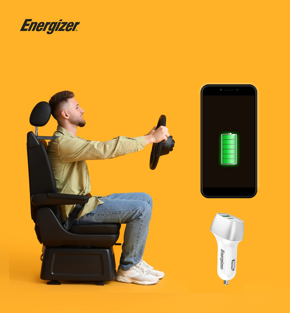 Energizer D38WS Car Charger| 38 Watts Fast Compact  Dual Port (20W USB-C, 18W USB-A), PD & QC 3.0 for Apple iPhone 14/13/12/11 Pro Max/ Pro/ Plus/ iPad Pro / Air / Mini/ Samsung & Android - White