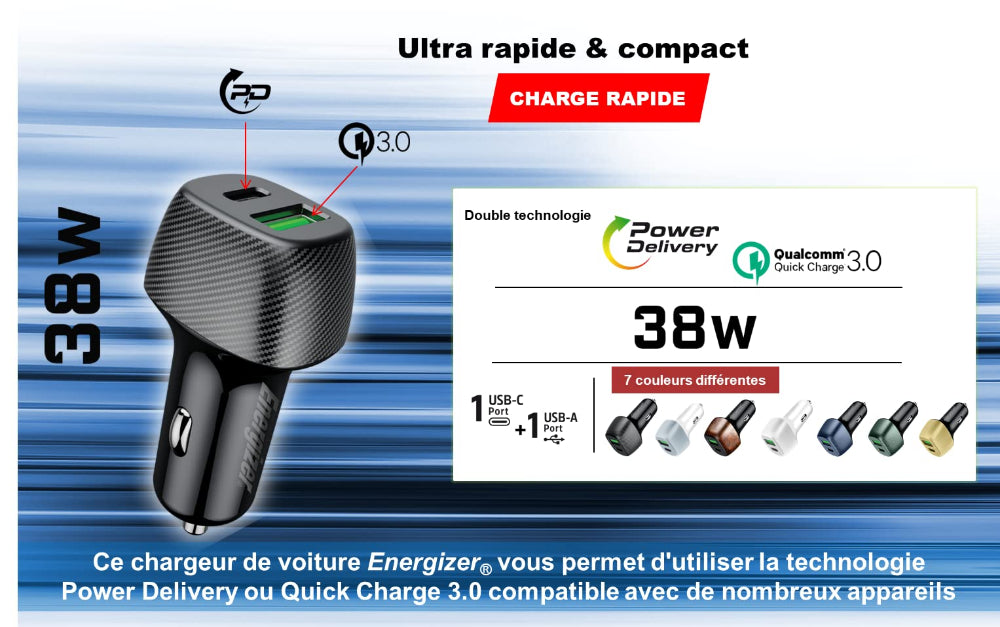 Energizer D38WS Car Charger| 38 Watts Fast Compact  Dual Port (20W USB-C, 18W USB-A), PD & QC 3.0 for Apple iPhone 14/13/12/11 Pro Max/ Pro/ Plus/ iPad Pro / Air / Mini/ Samsung & Android - White