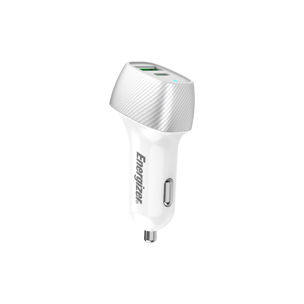 Energizer D38WS Car Charger| 38 Watts Fast Compact  Dual Port (20W USB-C, 18W USB-A), PD & QC 3.0 for Apple iPhone 14/13/12/11 Pro Max/ Pro/ Plus/ iPad Pro / Air / Mini/ Samsung & Android - White