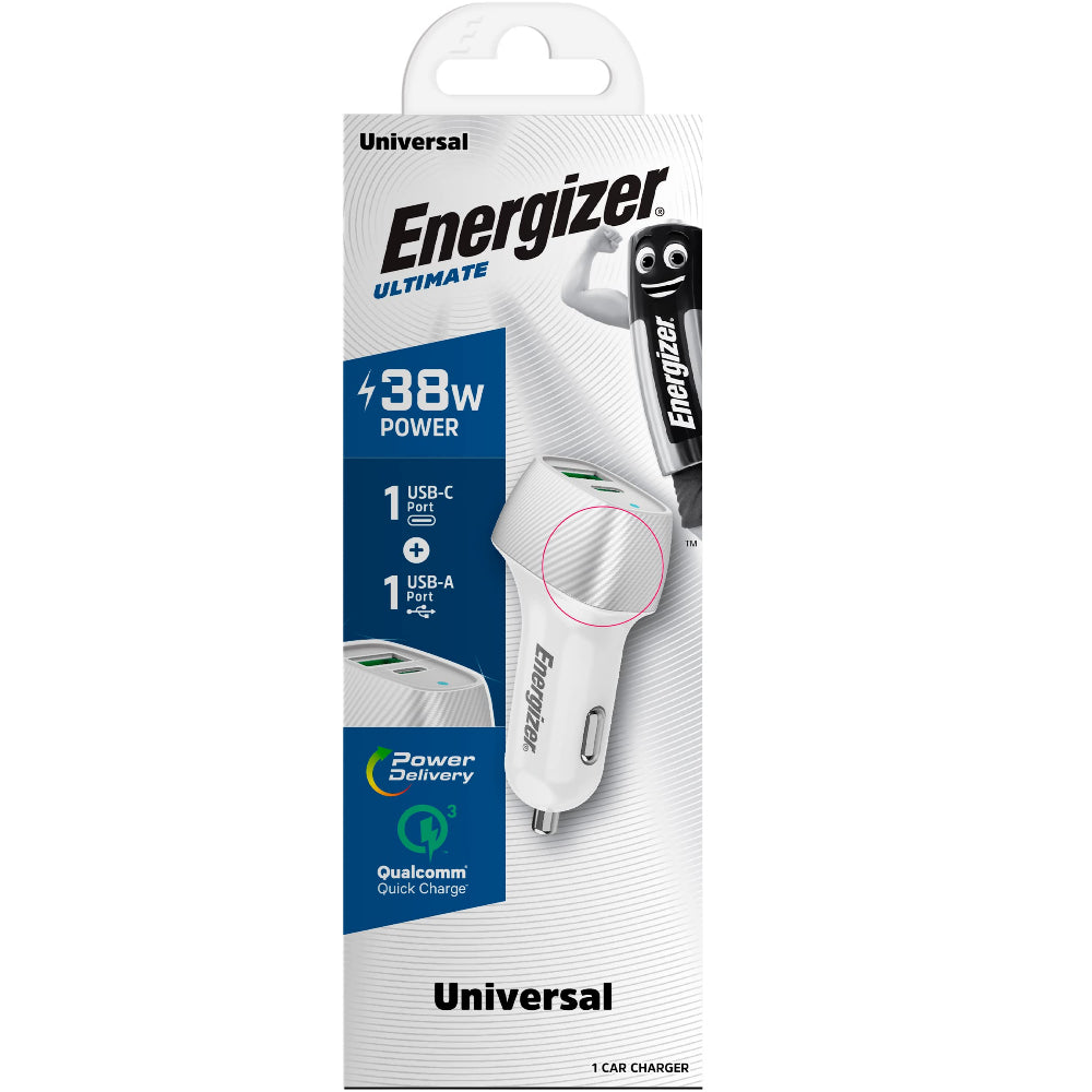 Energizer D38WS Car Charger| 38 Watts Fast Compact  Dual Port (20W USB-C, 18W USB-A), PD & QC 3.0 for Apple iPhone 14/13/12/11 Pro Max/ Pro/ Plus/ iPad Pro / Air / Mini/ Samsung & Android - White