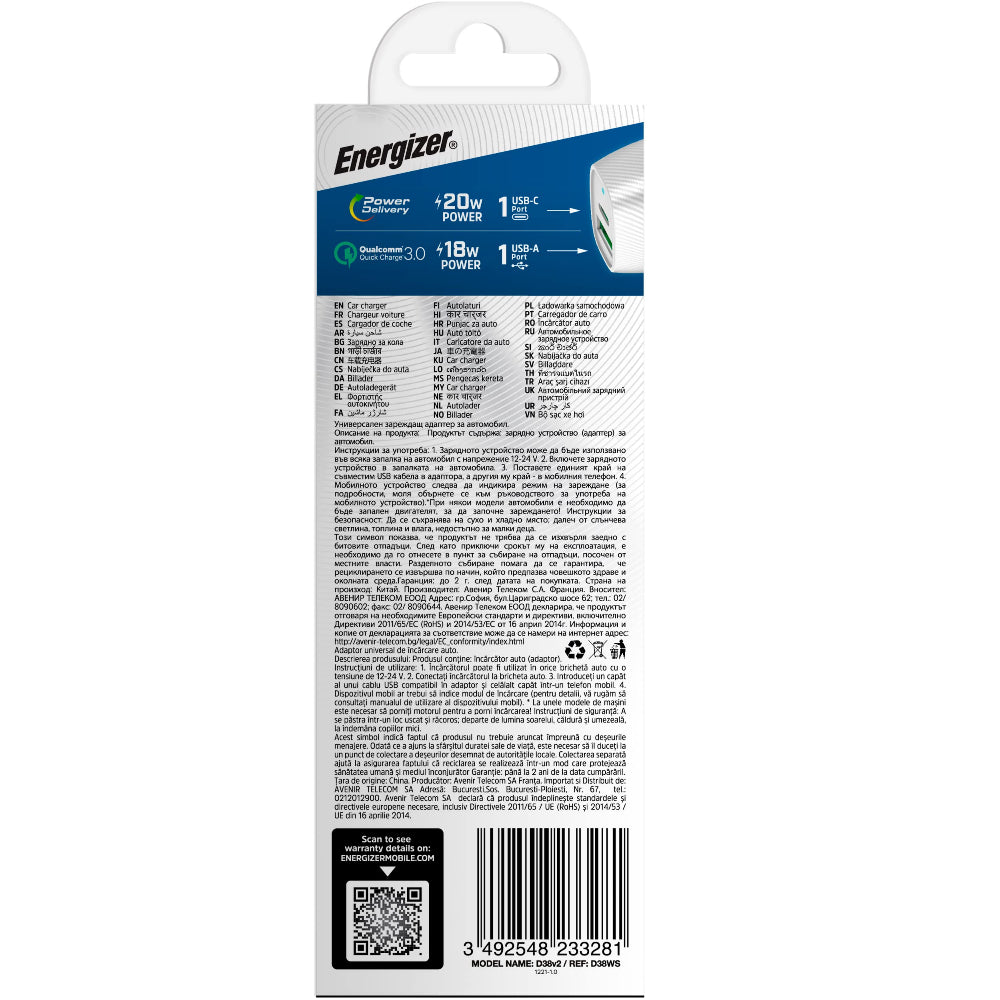 Energizer D38WS Car Charger| 38 Watts Fast Compact  Dual Port (20W USB-C, 18W USB-A), PD & QC 3.0 for Apple iPhone 14/13/12/11 Pro Max/ Pro/ Plus/ iPad Pro / Air / Mini/ Samsung & Android - White