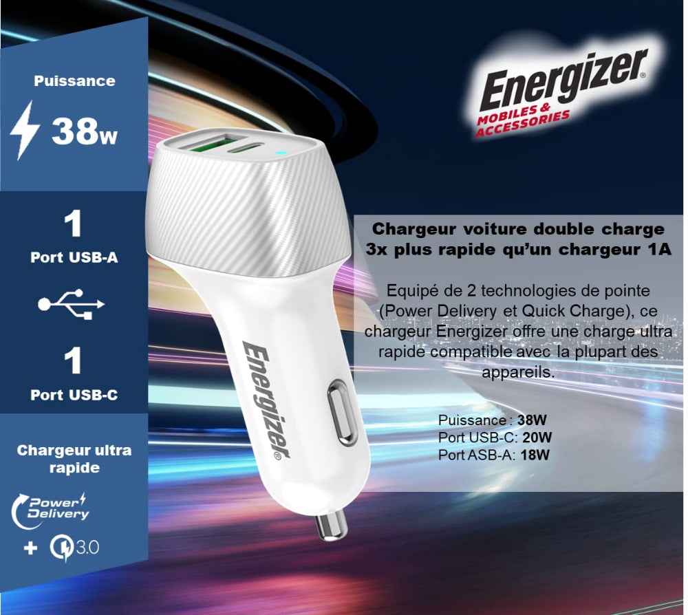 Energizer D38WS Car Charger| 38 Watts Fast Compact  Dual Port (20W USB-C, 18W USB-A), PD & QC 3.0 for Apple iPhone 14/13/12/11 Pro Max/ Pro/ Plus/ iPad Pro / Air / Mini/ Samsung & Android - White