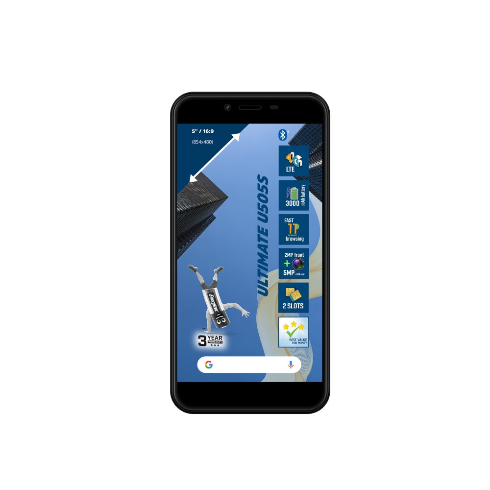 هاتف إنرجايزر - U505S، شاشة LCD 5 بوصات، يدعم شبكة الجيل الرابع، شريحتين، واي فاي، بطارية 3000 مللي أمبير - أسود