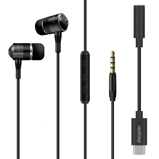 ENERGIZER UIL35 In-ear Wired Headphones 3.5mm Aux with Type-C Adapter - Black