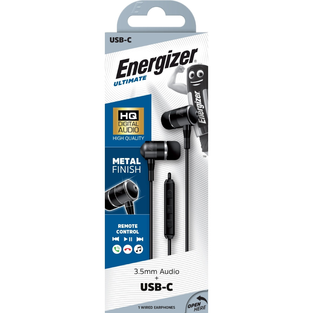 ENERGIZER UIL35 In-ear Wired Headphones 3.5mm Aux with Type-C Adapter - Black