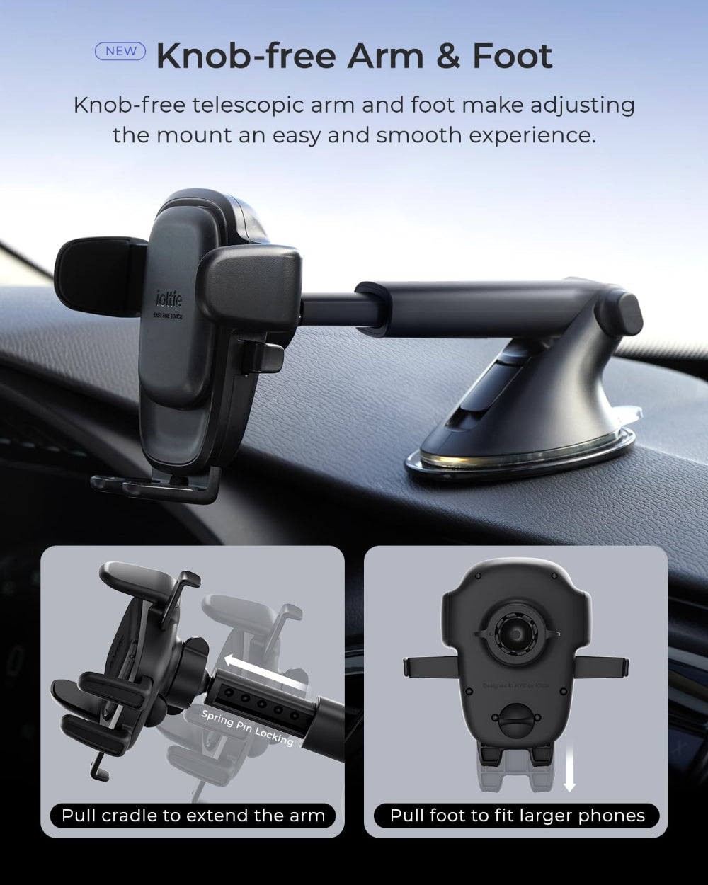 iOttie Easy One Touch 6 Dash & Windshield Mount, Universal Car Phone Holder, Telescopic Arm, Strong Suction Cup, Cable Organizer, Black