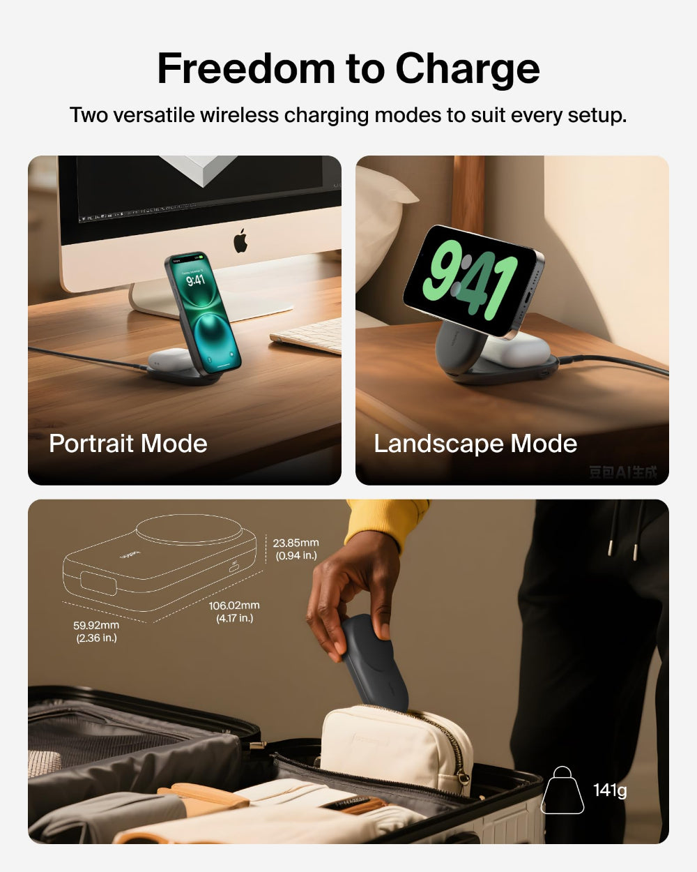 شاحن Belkin UltraCharge 3 في 1 قابل للطي بتقنية MagSafe Qi2 | لأجهزة iPhone و Apple Watch و AirPods مع منفذ طاقة USB-C بقوة 45 واط، شكل مربع / أسود