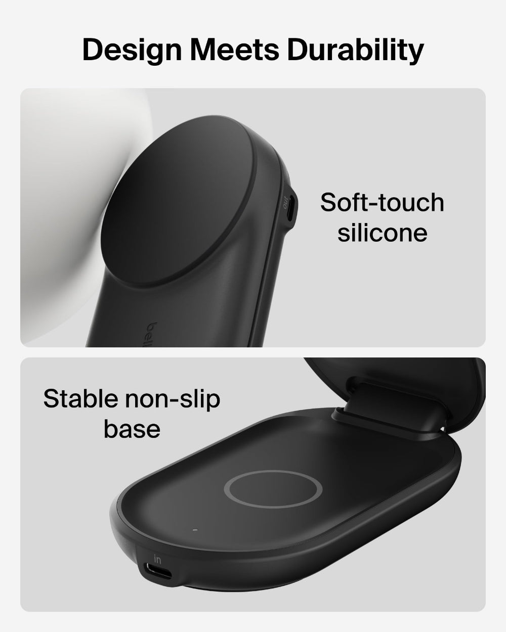شاحن Belkin UltraCharge 3 في 1 قابل للطي بتقنية MagSafe Qi2 | لأجهزة iPhone و Apple Watch و AirPods مع منفذ طاقة USB-C بقوة 45 واط، شكل مربع / أسود