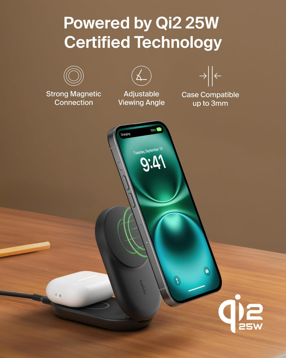 شاحن Belkin UltraCharge 3 في 1 قابل للطي بتقنية MagSafe Qi2 | لأجهزة iPhone و Apple Watch و AirPods مع منفذ طاقة USB-C بقوة 45 واط، شكل مربع / أسود