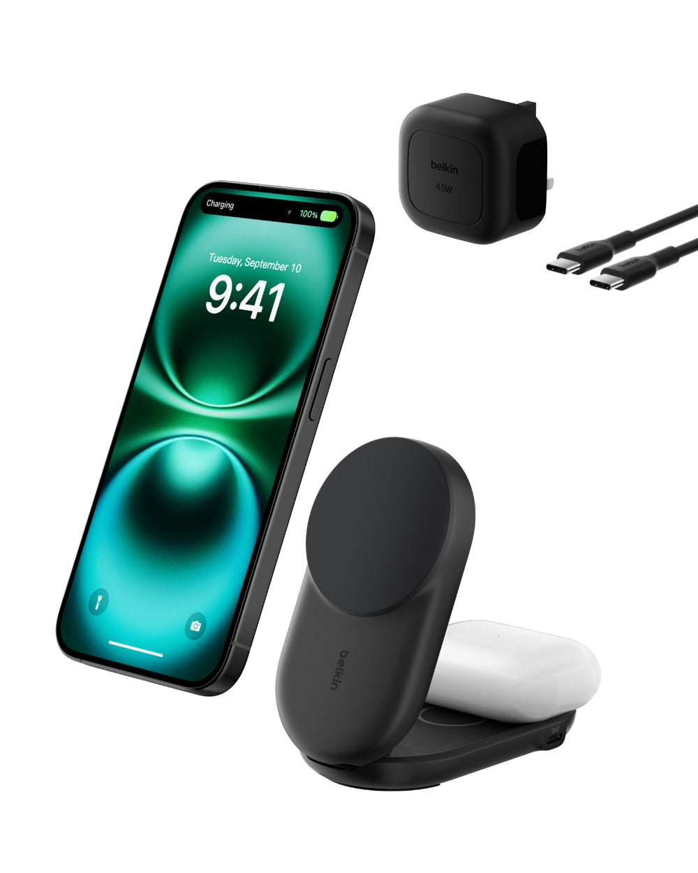 شاحن Belkin UltraCharge 3 في 1 قابل للطي بتقنية MagSafe Qi2 | لأجهزة iPhone و Apple Watch و AirPods مع منفذ طاقة USB-C بقوة 45 واط، شكل مربع / أسود