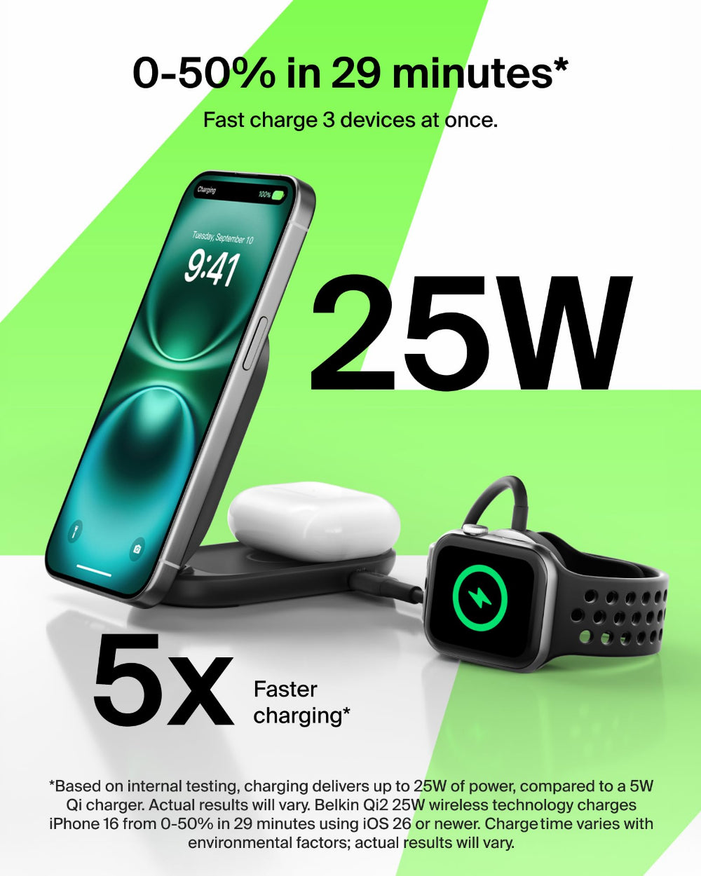 شاحن Belkin UltraCharge 3 في 1 قابل للطي بتقنية MagSafe Qi2 | لأجهزة iPhone و Apple Watch و AirPods مع منفذ طاقة USB-C بقوة 45 واط، شكل مربع / أسود