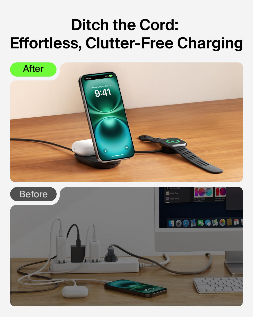 شاحن Belkin UltraCharge 3 في 1 قابل للطي بتقنية MagSafe Qi2 | لأجهزة iPhone و Apple Watch و AirPods مع منفذ طاقة USB-C بقوة 45 واط، شكل مربع / أسود