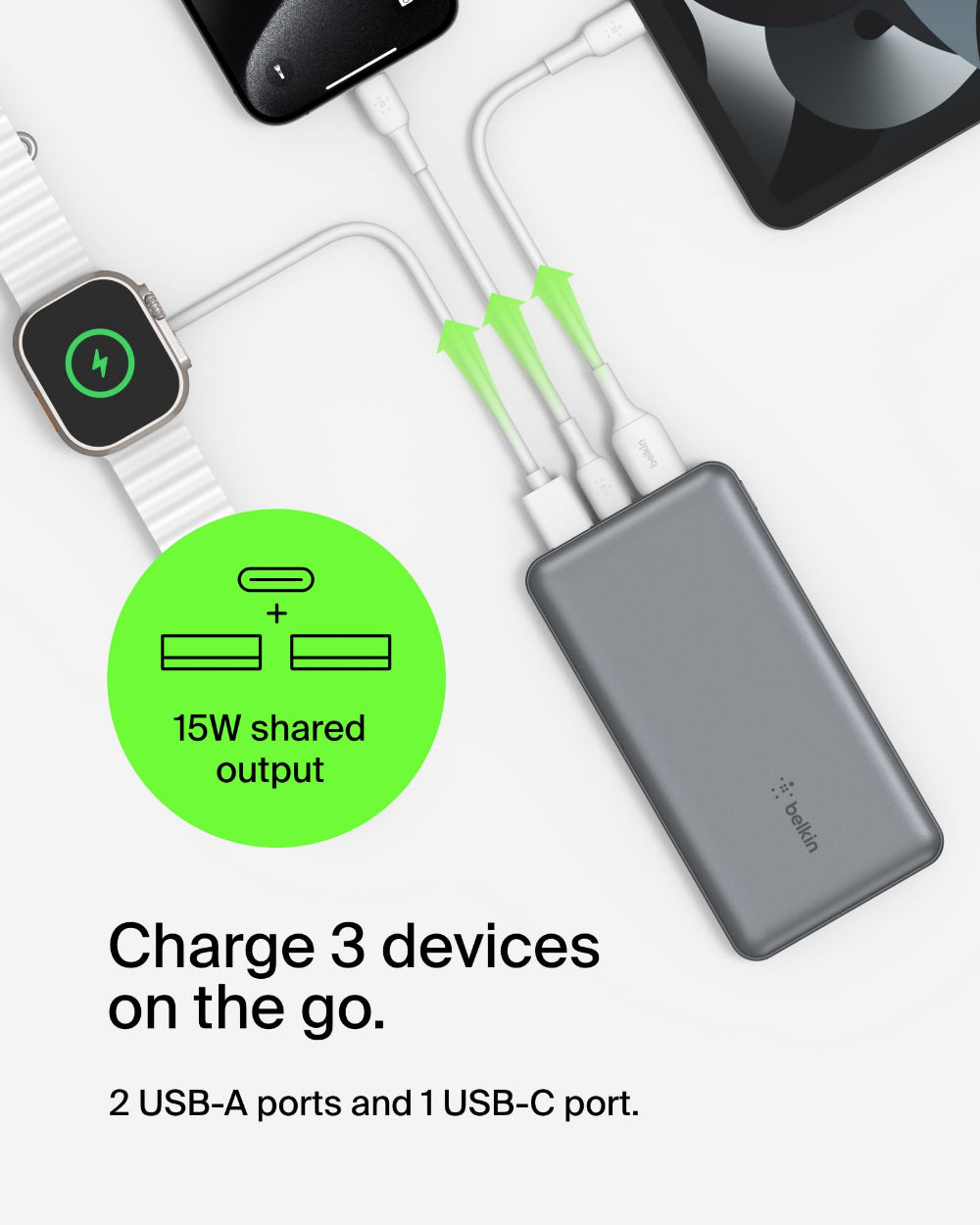 باور بانك بيلكين 10K، شحن معزز 15 واط، منفذ USB-C مزدوج 12 واط × 2، منفذ USB-A مزدوج، لون رمادي فضائي