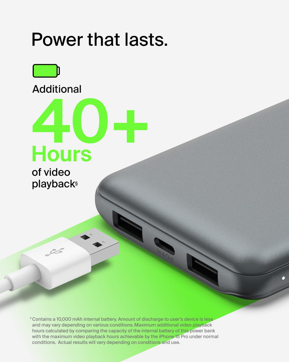 باور بانك بيلكين 10K، شحن معزز 15 واط، منفذ USB-C مزدوج 12 واط × 2، منفذ USB-A مزدوج، لون رمادي فضائي