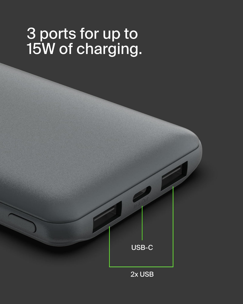 باور بانك بيلكين 10K، شحن معزز 15 واط، منفذ USB-C مزدوج 12 واط × 2، منفذ USB-A مزدوج، لون رمادي فضائي