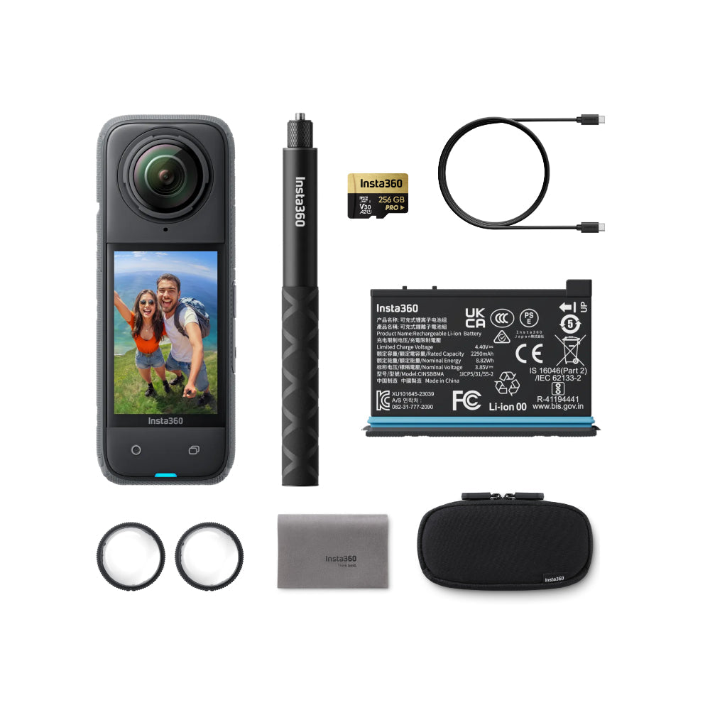 Insta360 X4 Adventure Bundle - 8K Waterproof 360 Action Camera, 4K Wide-Angle Video, 135 Min Battery Life, AI Editing, 114cm Invisible Selfie Stick+ 256GB Memory Card+ Extra Battery Pack - Bundle