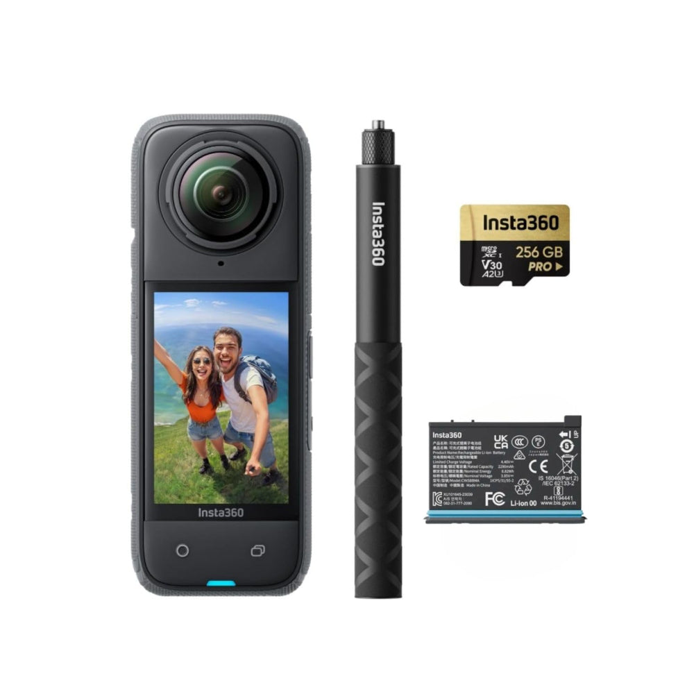 Insta360 X4 Adventure Bundle - 8K Waterproof 360 Action Camera, 4K Wide-Angle Video, 135 Min Battery Life, AI Editing, 114cm Invisible Selfie Stick+ 256GB Memory Card+ Extra Battery Pack - Bundle