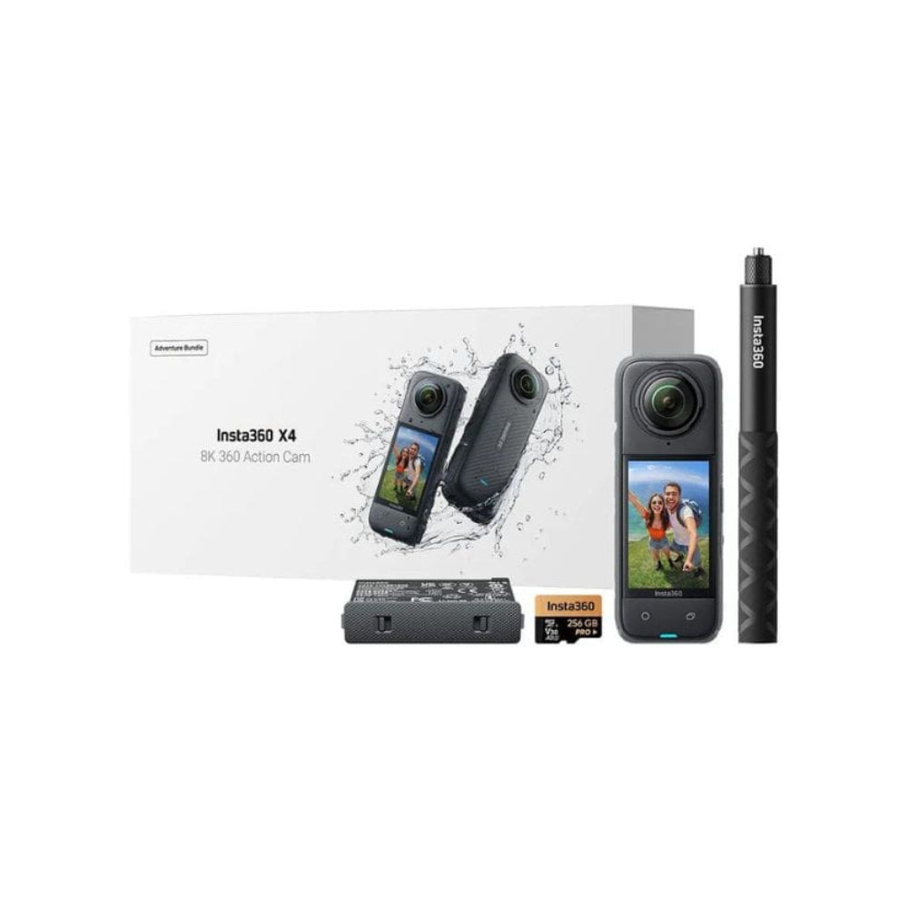 Insta360 X4 Adventure Bundle - 8K Waterproof 360 Action Camera, 4K Wide-Angle Video, 135 Min Battery Life, AI Editing, 114cm Invisible Selfie Stick+ 256GB Memory Card+ Extra Battery Pack - Bundle