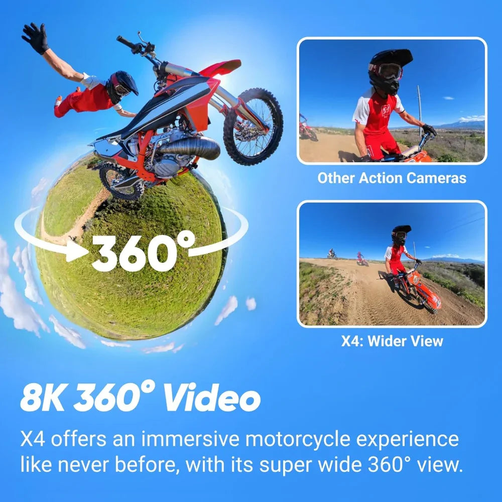 كاميرا Insta360 X4 للدراجات النارية، كاميرا حركة 8K بزاوية 360 درجة، مقاومة للماء