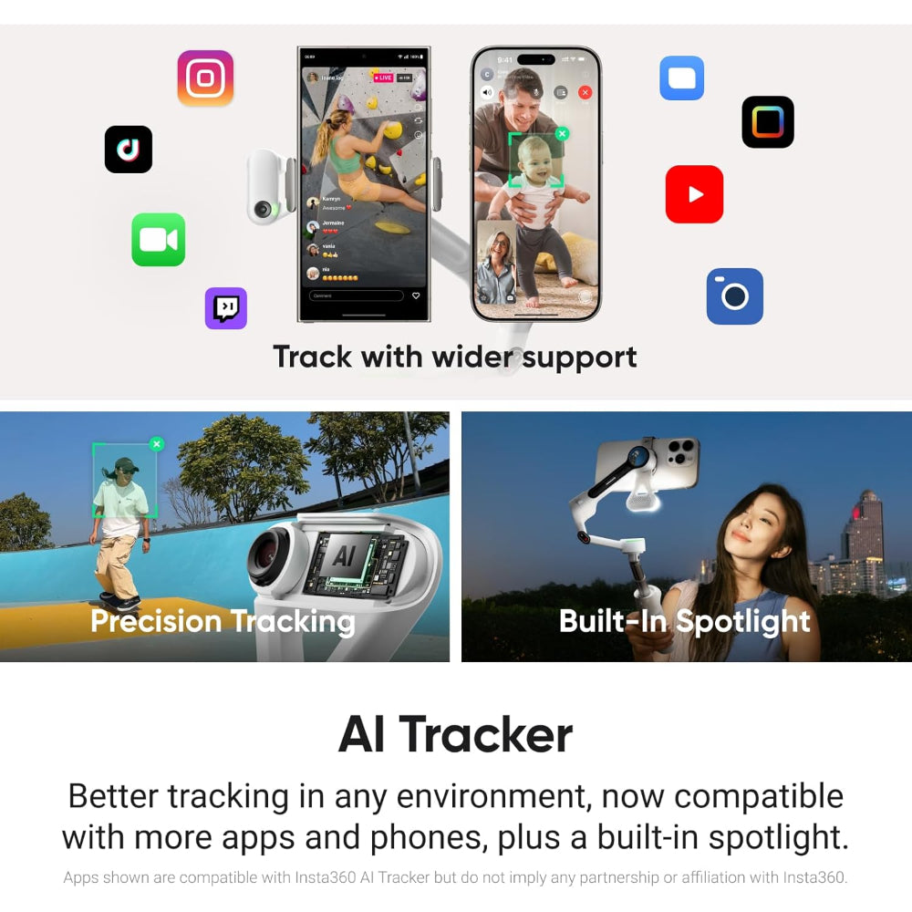 Insta360 Flow 2 Pro AI Tracker Bundle White - Industry-First AI Phone Gimbal with Apple DockKit, Pioneering 360? Pan Tracking, Free Tilt, Built-in Tripod/Selfie Stick, Portable Vlog/Travel Stabilizer