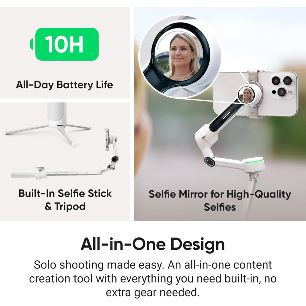 Insta360 Flow 2 Pro AI Tracker Bundle White - Industry-First AI Phone Gimbal with Apple DockKit, Pioneering 360? Pan Tracking, Free Tilt, Built-in Tripod/Selfie Stick, Portable Vlog/Travel Stabilizer